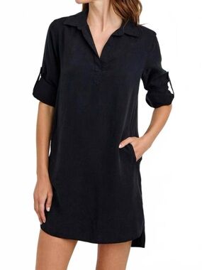 Bella Dahl Tencel Shirt Dress L Black Roll Tab Sleeve Tunic NWT